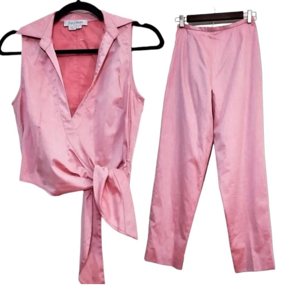 Kay Unger Petites 2 Piece Pink Cropped Tie Top and Pants Set